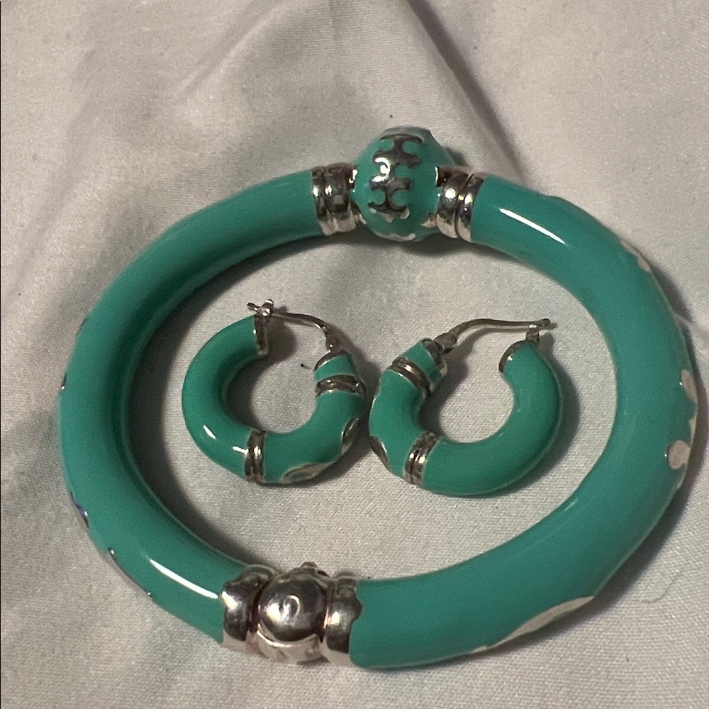 Sterling and Bright BlueTurquoise Hinged Enamel Hoop Bracelet and Earrings Set